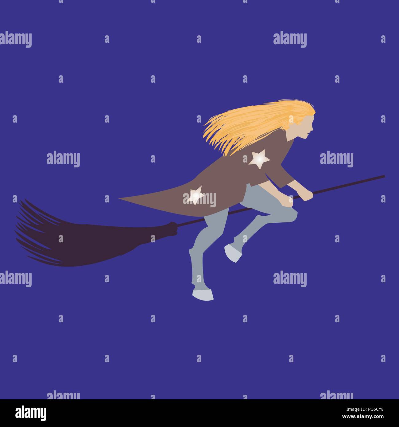 Vector illustration of a witch flying on a broom on Halloween, flat ...