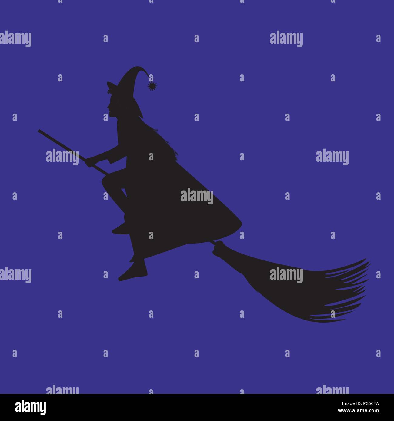 Vector illustration of a witch flying on a broom on Halloween, flat ...