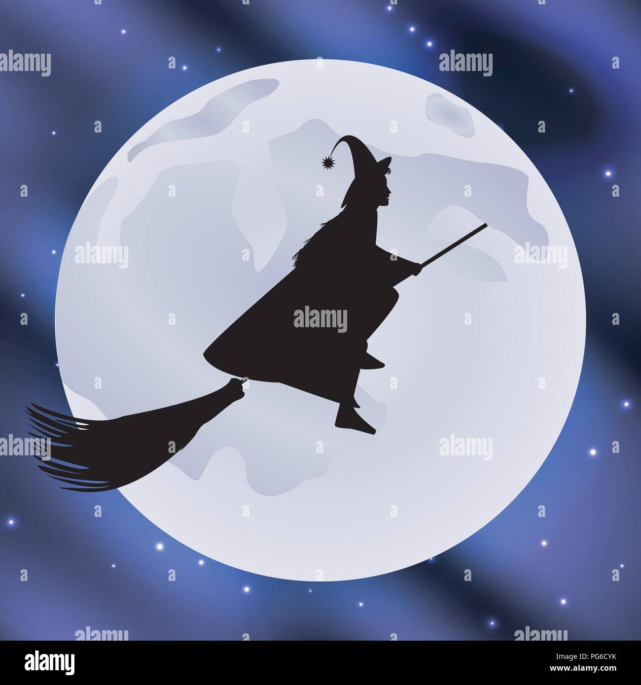 Vector illustration of a witch on a broomstick flying halloween holiday ...