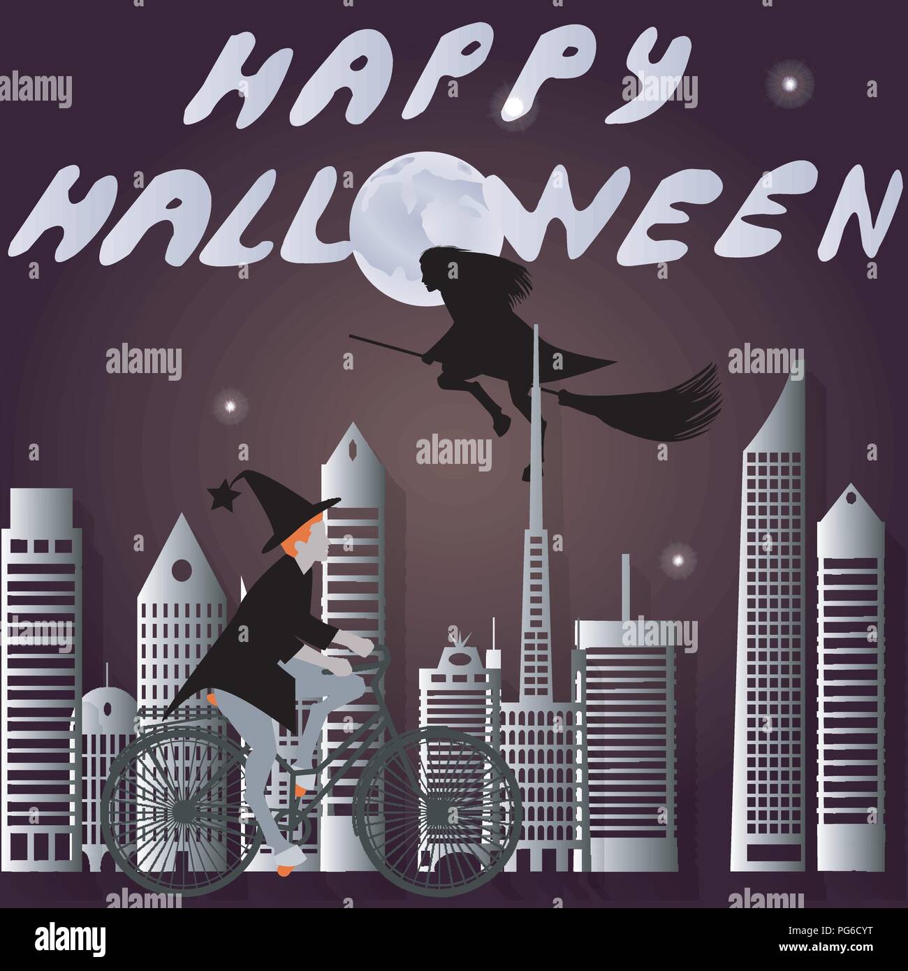 Vector illustration of a witch on a bicycle and a witch on a broomstick ...
