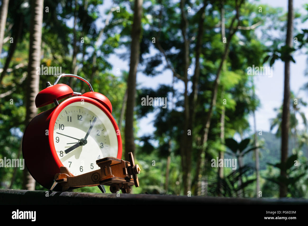 Wooden airplane model and red alarm clock on the wood with beautiful tropical forest background for nature travelling background concept. Stock Photo