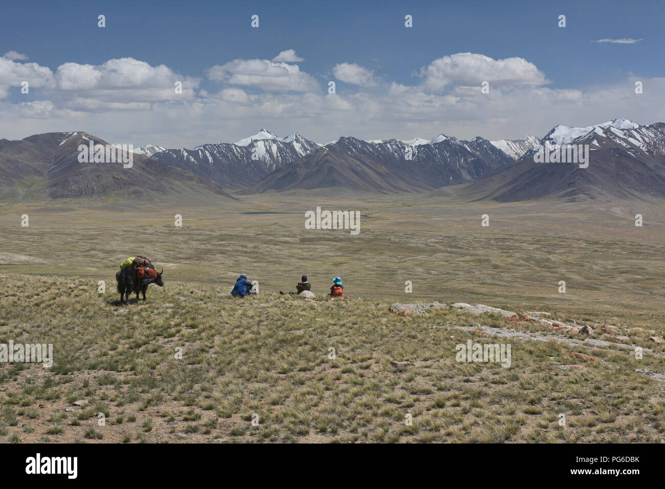 Looking into the Great Pamir Range of Afghanistan while trekking near Lake Zorkul, Tajikistan Stock Photo