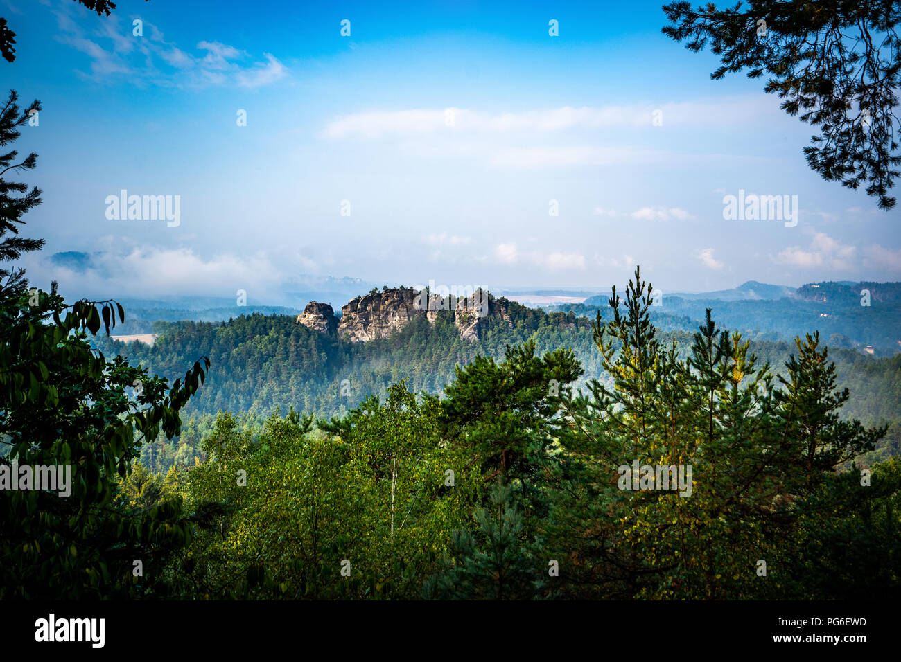 View to the Elbsandsteingebirge at Saxon Switzerland Stock Photo