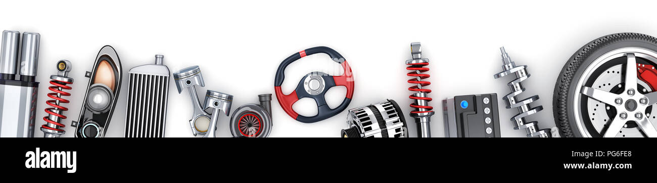 Many auto parts row on white background. 3d illustration Stock Photo