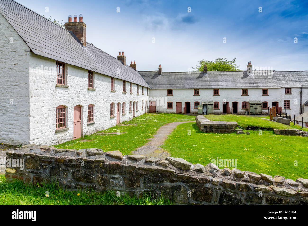 Stack Square worker's cottages preserved at Blaenavon Ironworks, now a museum and UNESCO World Heritage Site in Blaenavon, Gwent, Wales, UK Stock Photo