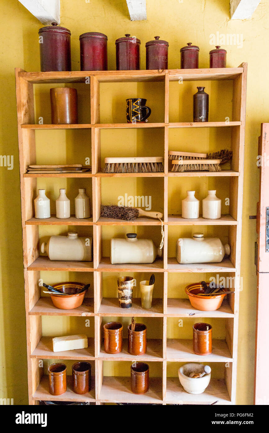 Household items for sale in the preserved worker's shop at Blaenavon Ironworks now a museum and UNESCO World Heritage Site in Gwent, Wales, UK Stock Photo