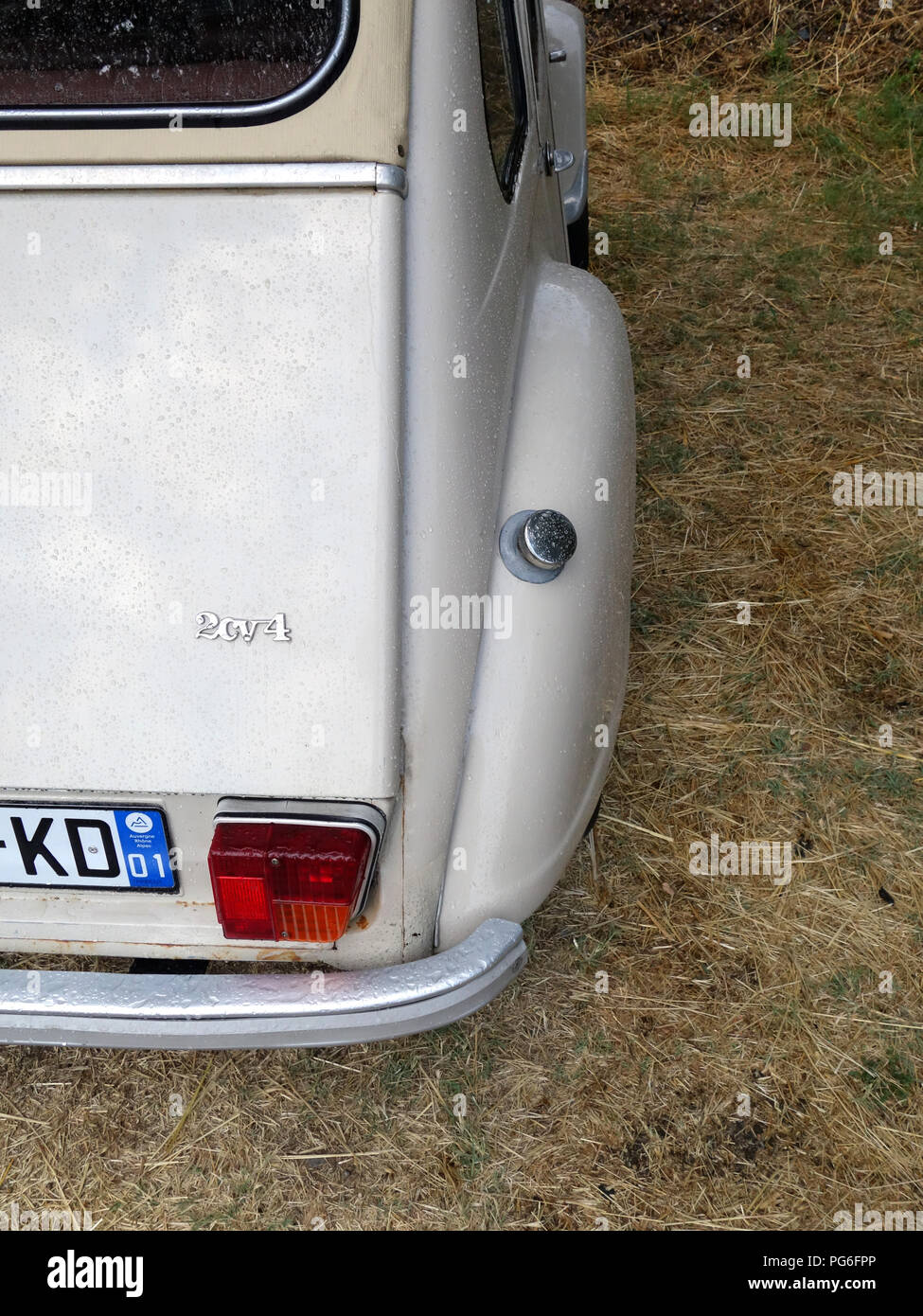 Part rear view of a Cream coloured Citroen 2CV parked under trees in a French car park Stock Photo