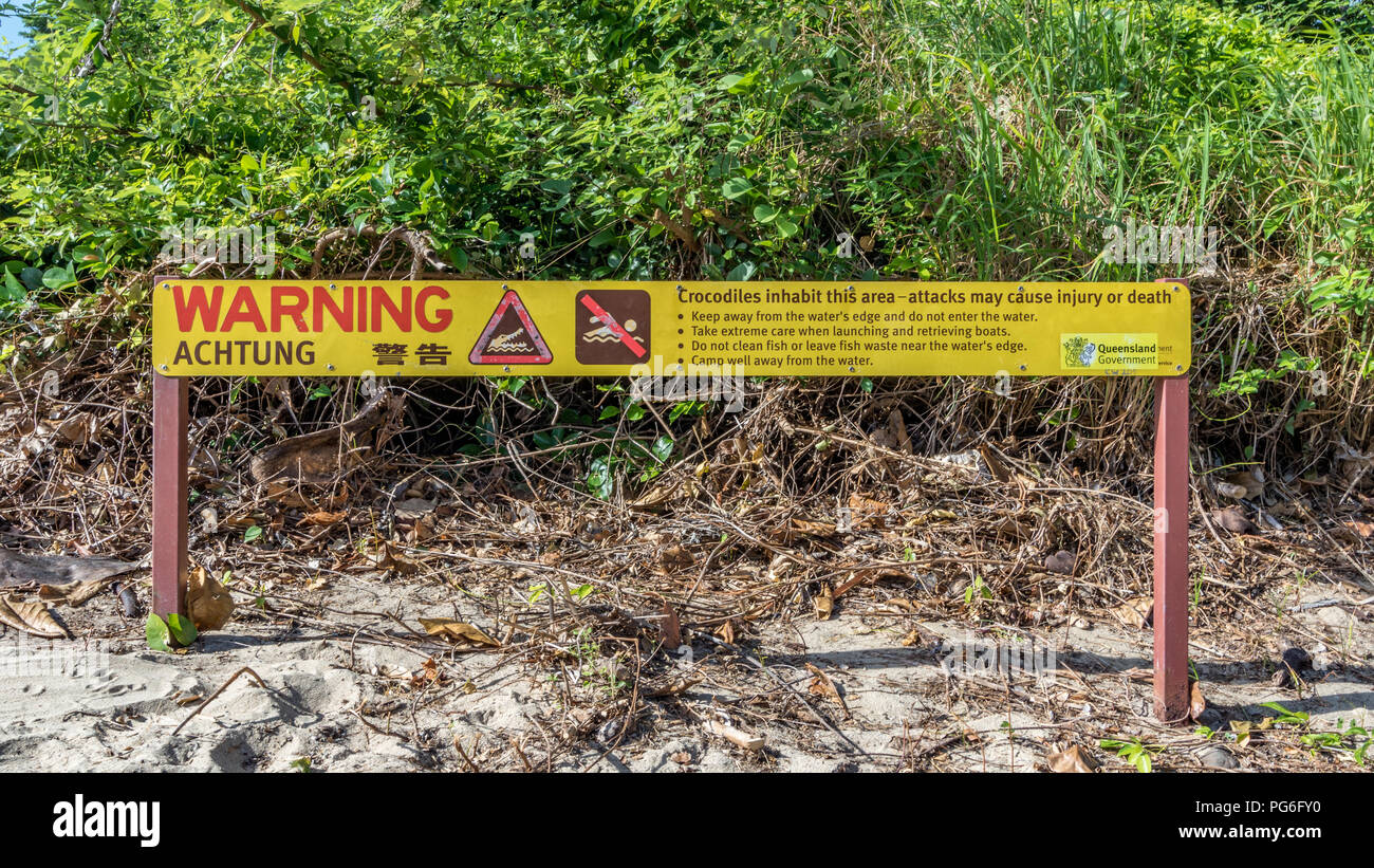 Crocodile warning sign on Australian beach Stock Photo