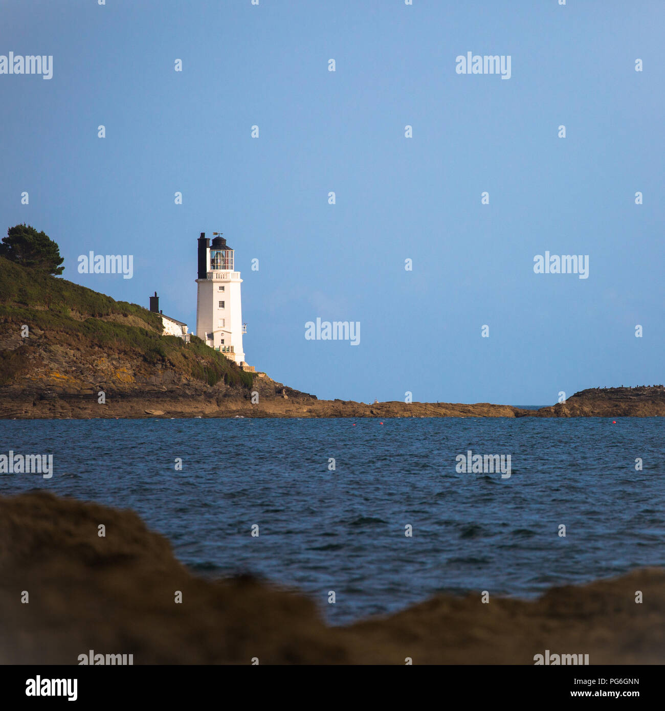 St Anthony's lighthouse marking the eastern point of the entrance to Falmouth Harbour, in Cornwall, southern England, United Kingdom Stock Photo