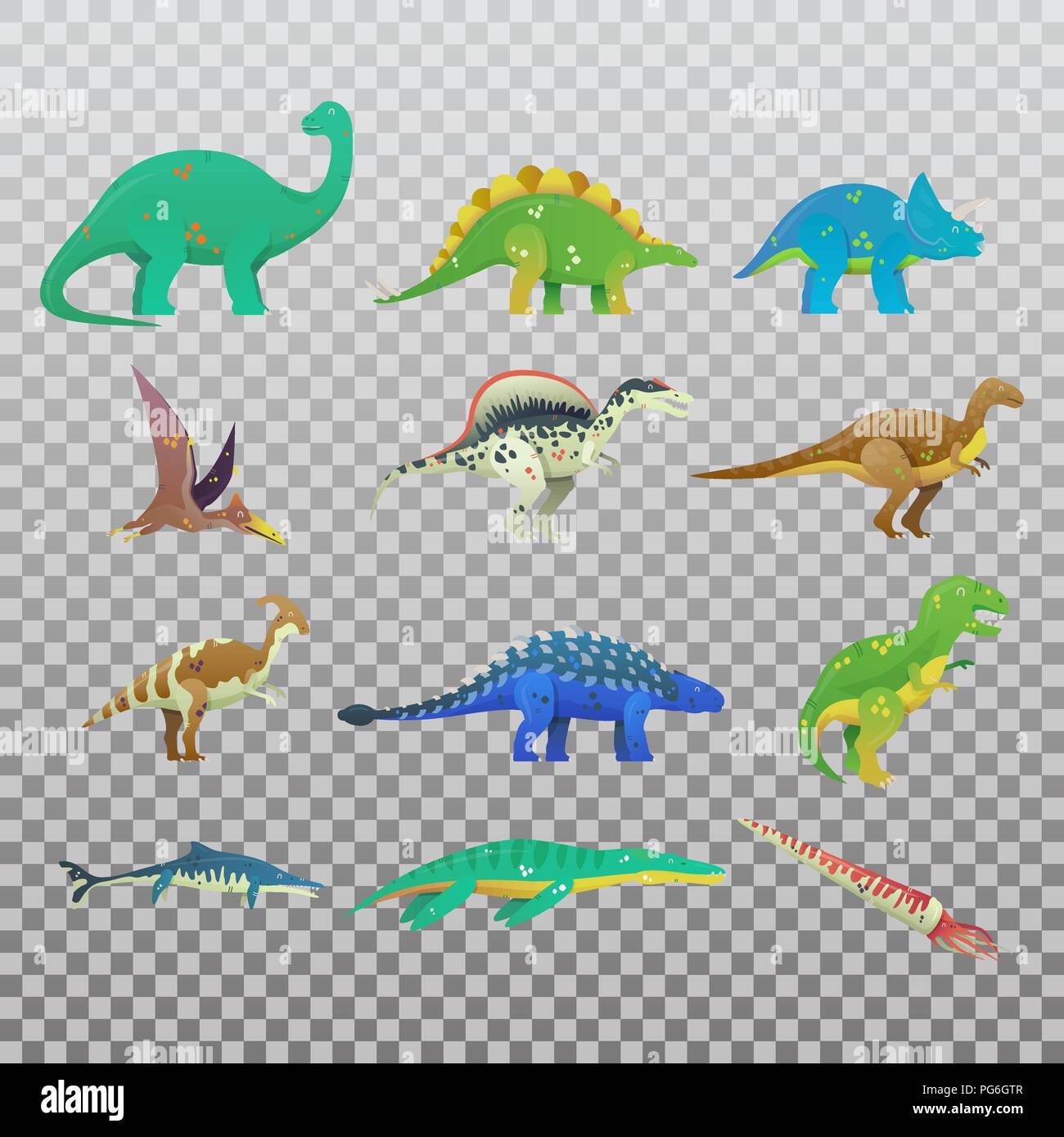Set of isolated cartoon dinosaur or dino. T rex or t-rex, tyrannosaurus rex and stegosaurus, brachiosaurus and spinosaurus dino, cartoon saichania and pterodactyloidea dinosaur icon. Jurassic theme Stock Vector