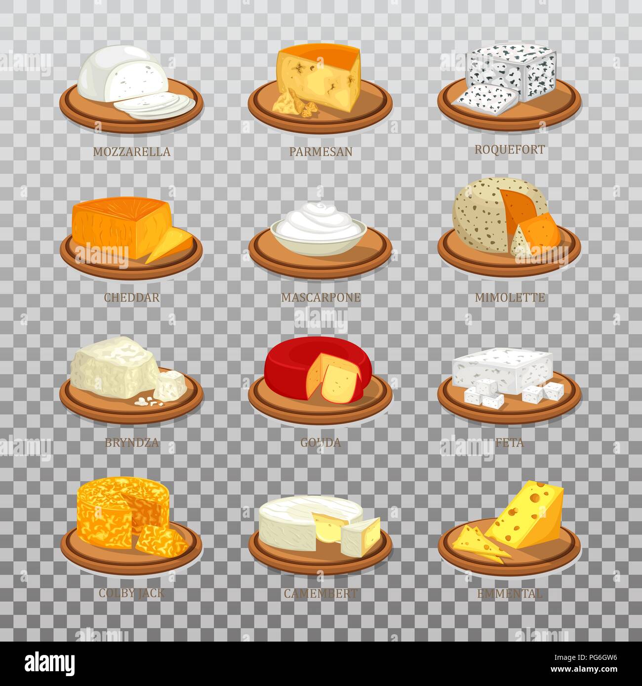 Isolated mozzarella cheese and parmesan or parmesan-reggiano food, roquefort and cheddar, mascarpone and mimolette, gouda and feta, bryndza and colby jack, camembert and emmental Stock Vector