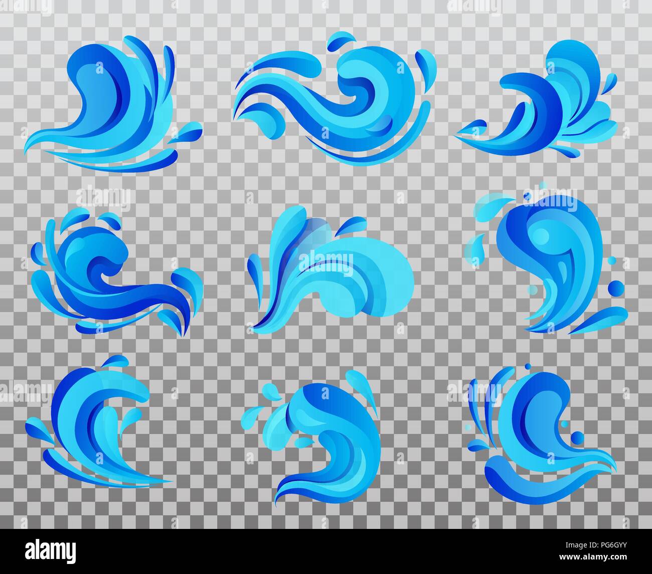 Set of isolated sea or ocean wave, river water icon, nature curvy or wavy symbol of liquid. Tidal gale shape with foam. Water stream or flow motion. Maritime or marine, nautical and oceanic theme Stock Vector