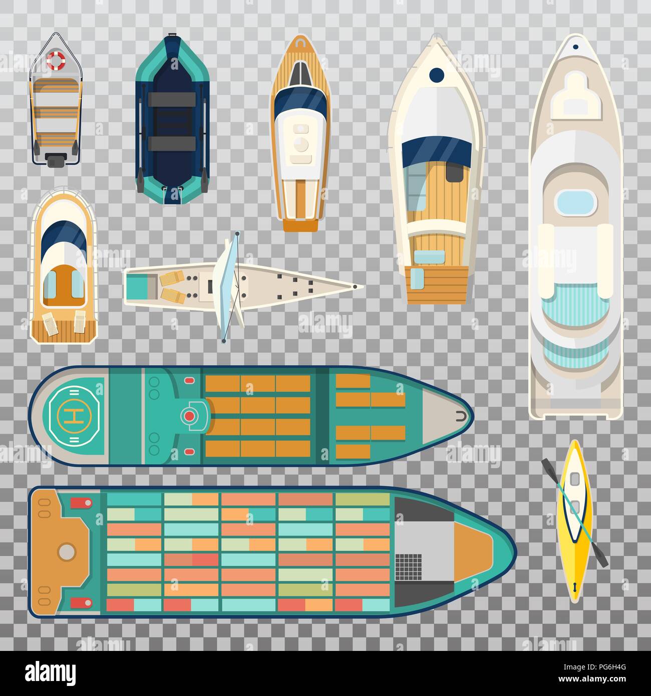 Top view on fisherman boats on water. River or sea, lake or pond with motor or wooden sailboat. Kayak with paddle and wherry with oar, sport ship. Fisherman and fishing sport, sailing theme Stock Vector