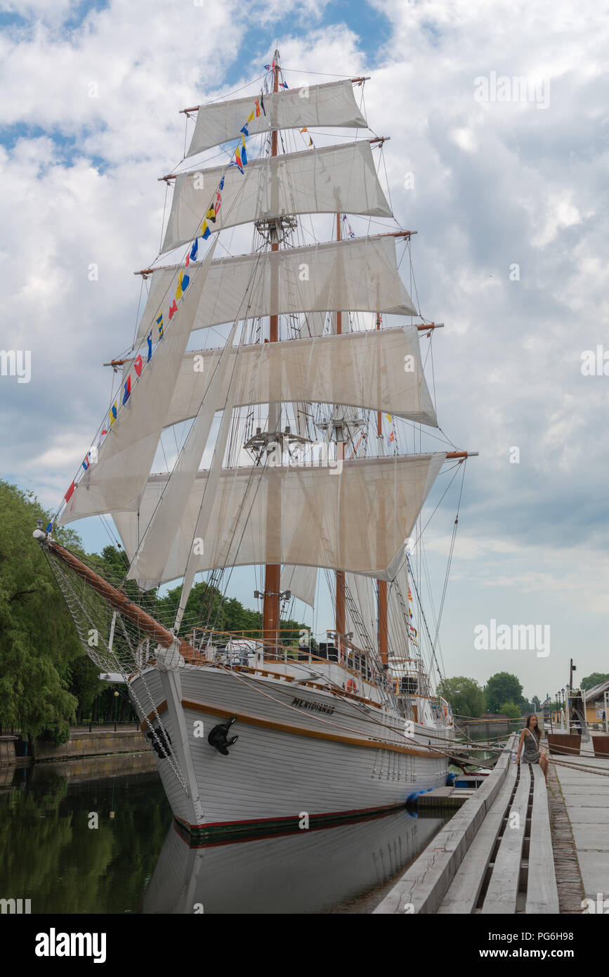 the former drill ship Meridianas, today a restaurant, banks of the Dané River, Klaipeda, Courland Lagoon, Lithuania, Eastern Europe Stock Photo