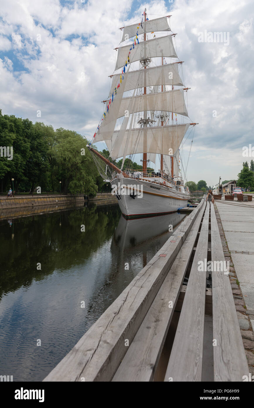 the former drill ship Meridianas, today a restaurant, banks of the Dané River, Klaipeda, Courland Lagoon, Lithuania, Eastern Europe Stock Photo