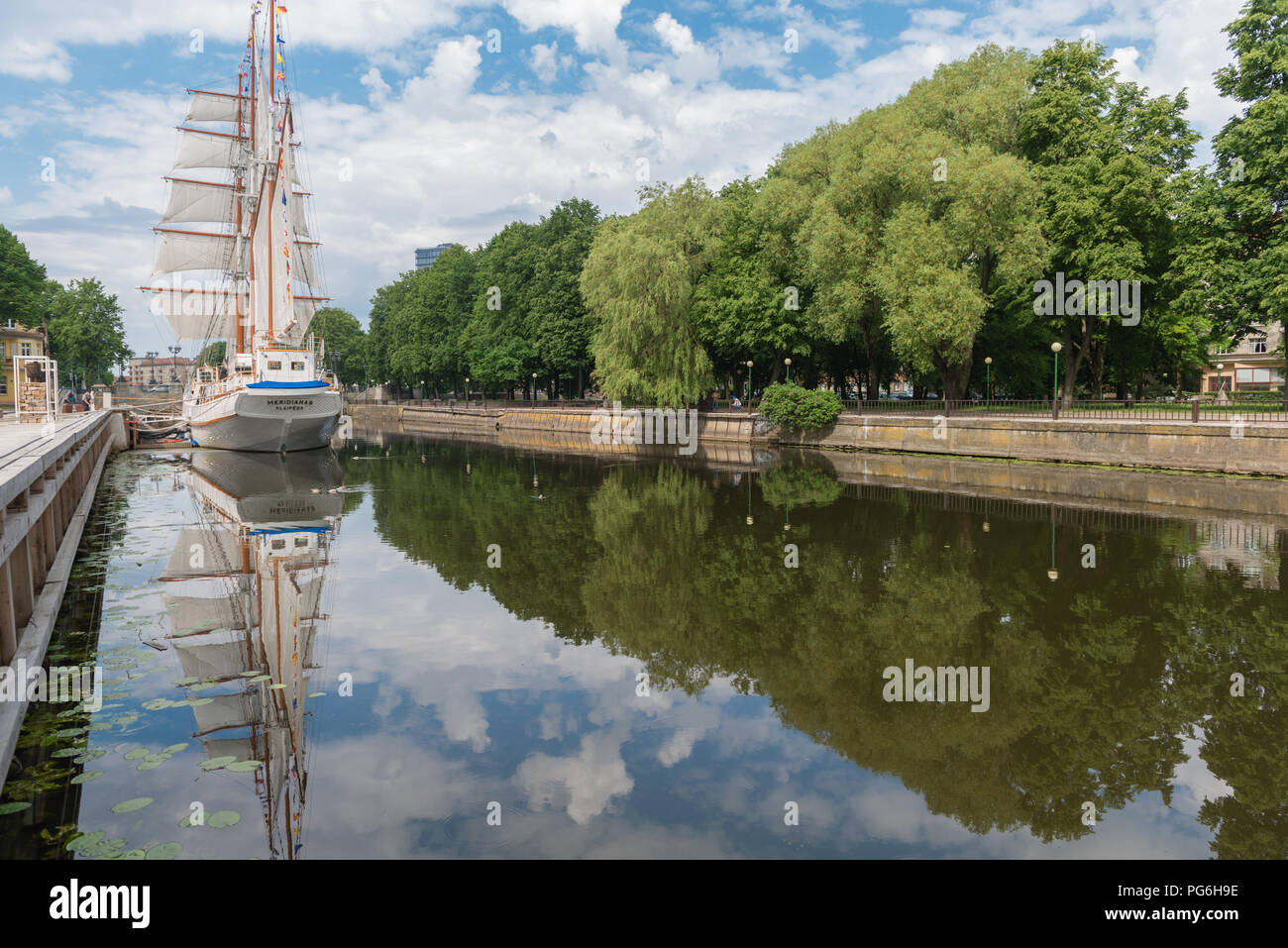 the former drill ship Meridianas, today a restaurant, banks of the Dané River, Klaipeda, Courland Lagoon, Lithuania, Eastern Europe Stock Photo