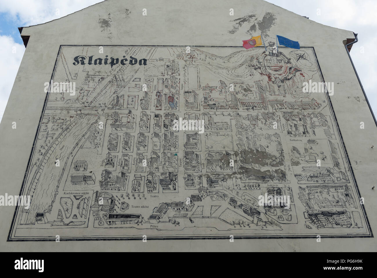Street map of the city on a house wall, Klaipeda, Courland Lagoon, Lithuania, Eastern Europe Stock Photo