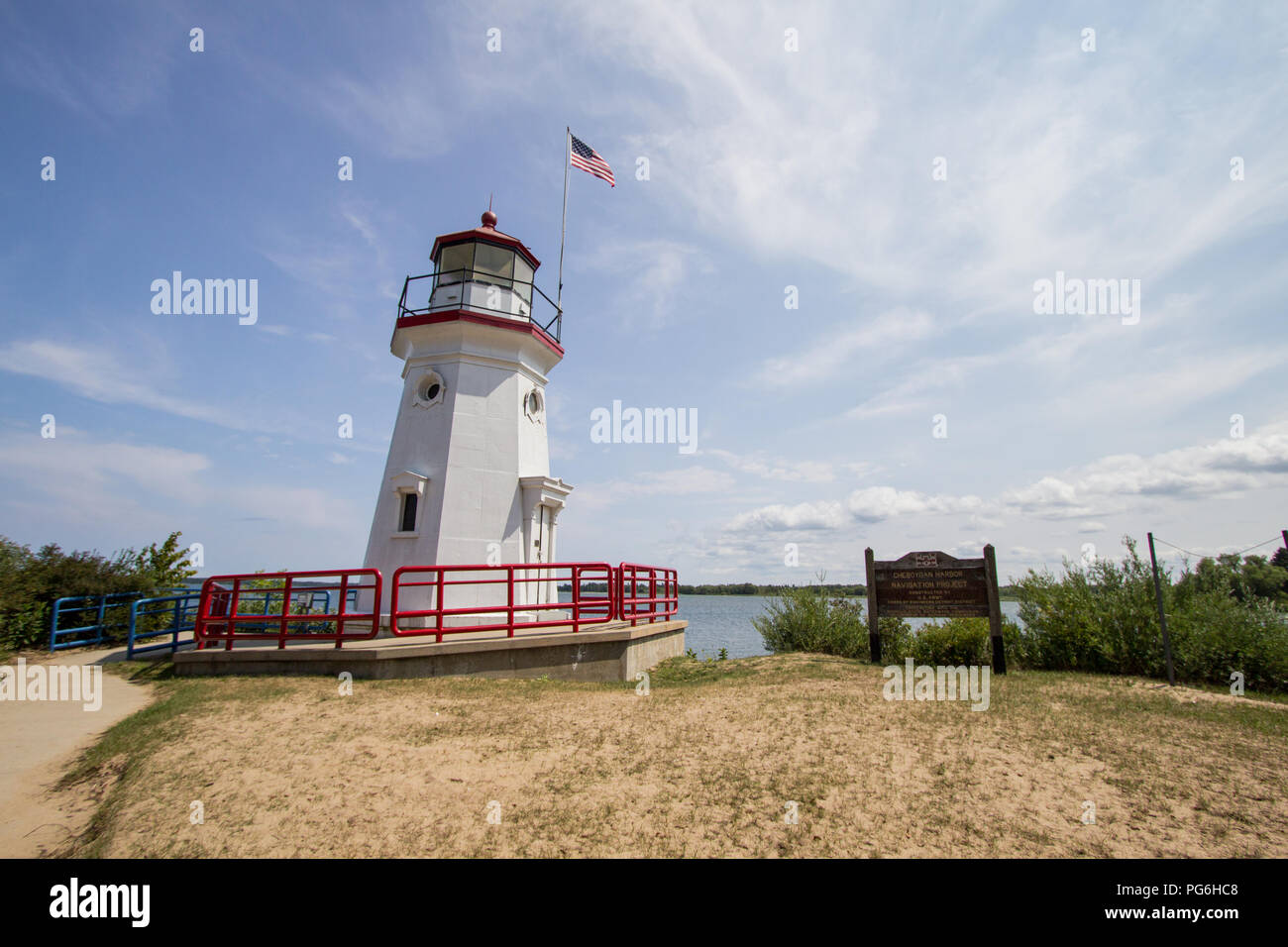 Michigan Lighthouse. Lighthouse on the Lake Huron coast on the downtown waterfront beach of Cheboygan, Michigan. Stock Photo