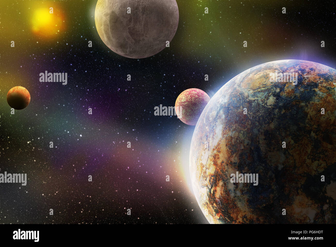 deep outer space with planets in galaxy system with solar sun and stars 3d illustration, fantasy or science fiction book cover or wallpaper background Stock Photo