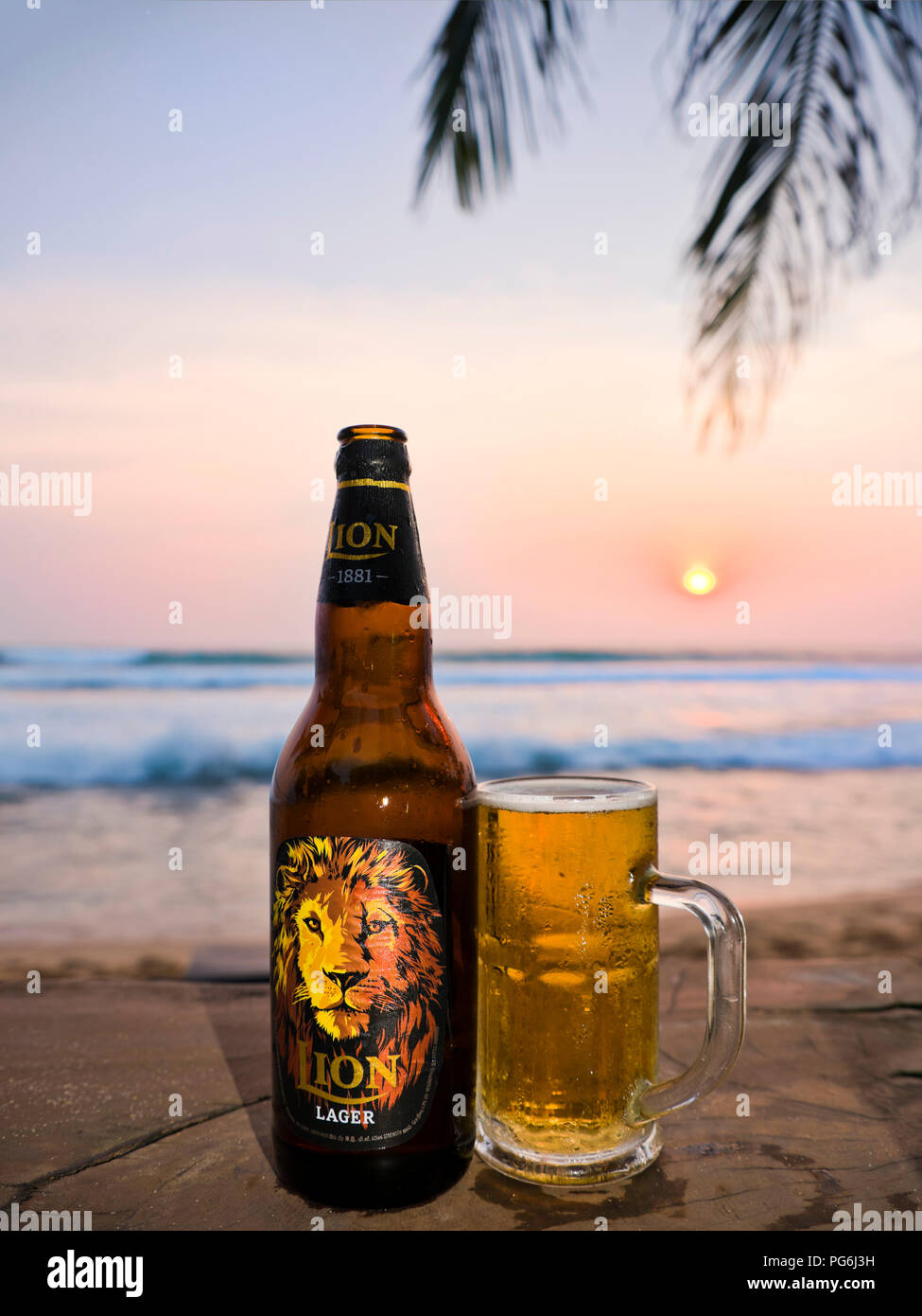 Vertical close up of a bottle of Lion Lager in Sri Lanka. Stock Photo