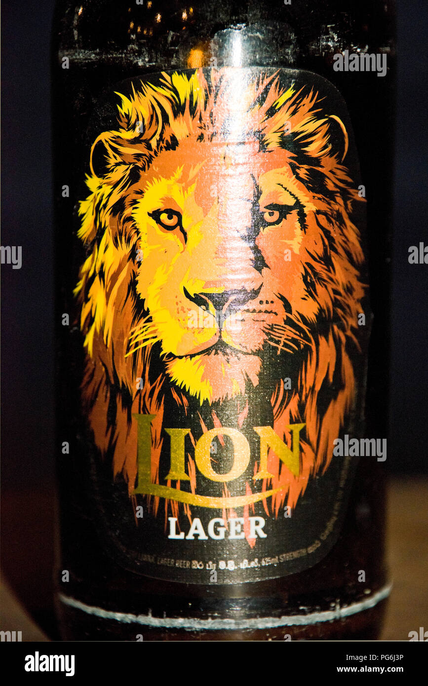 Vertical close up of a bottle of Lion Lager in Sri Lanka. Stock Photo