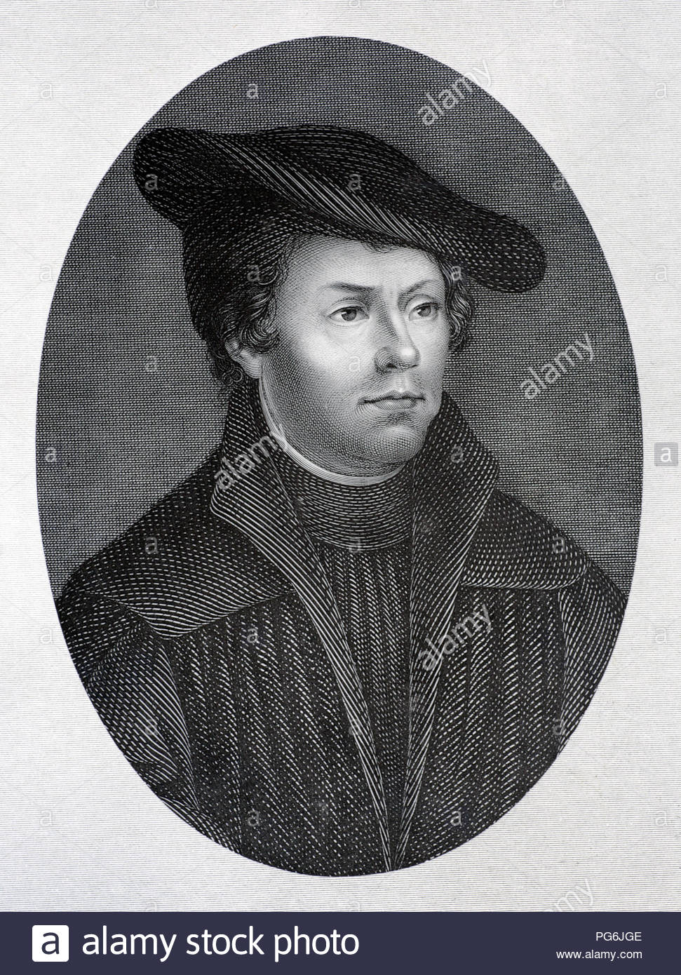 Martin Luther portrait, 1483 – 1546 was a German professor of theology, composer, priest, monk, and a seminal figure in the Protestant Reformation, antique illustration from 1880 Stock Photo