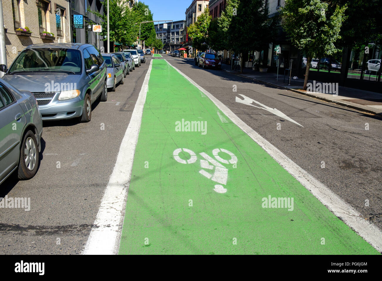Green cycle path in downtown Portland, Oregon, USA Stock Photo Alamy