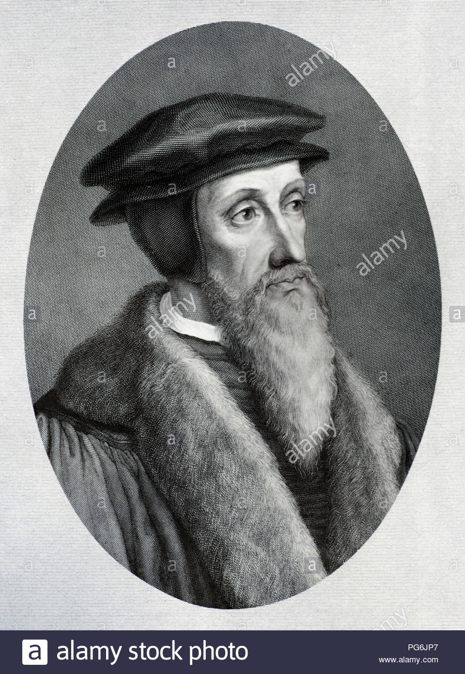 John Calvin portrait, 1509 – 1564 was a French theologian, pastor and reformer in Geneva during the Protestant Reformation, vintage illustration from 1880 Stock Photo