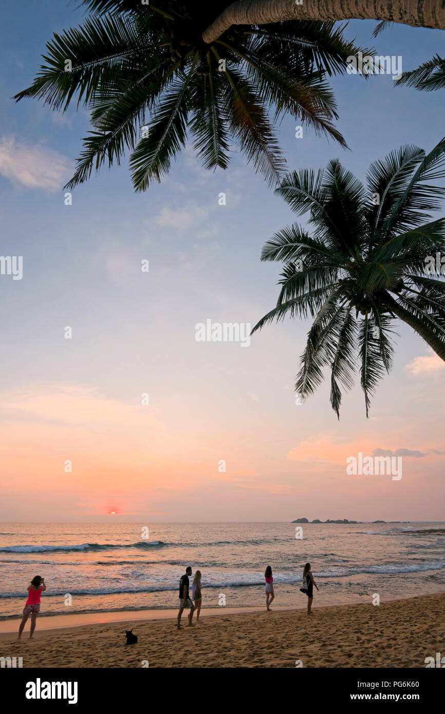 Vertical view along the coast at sunset in Hikkaduwa, Sri Lanka. Stock Photo