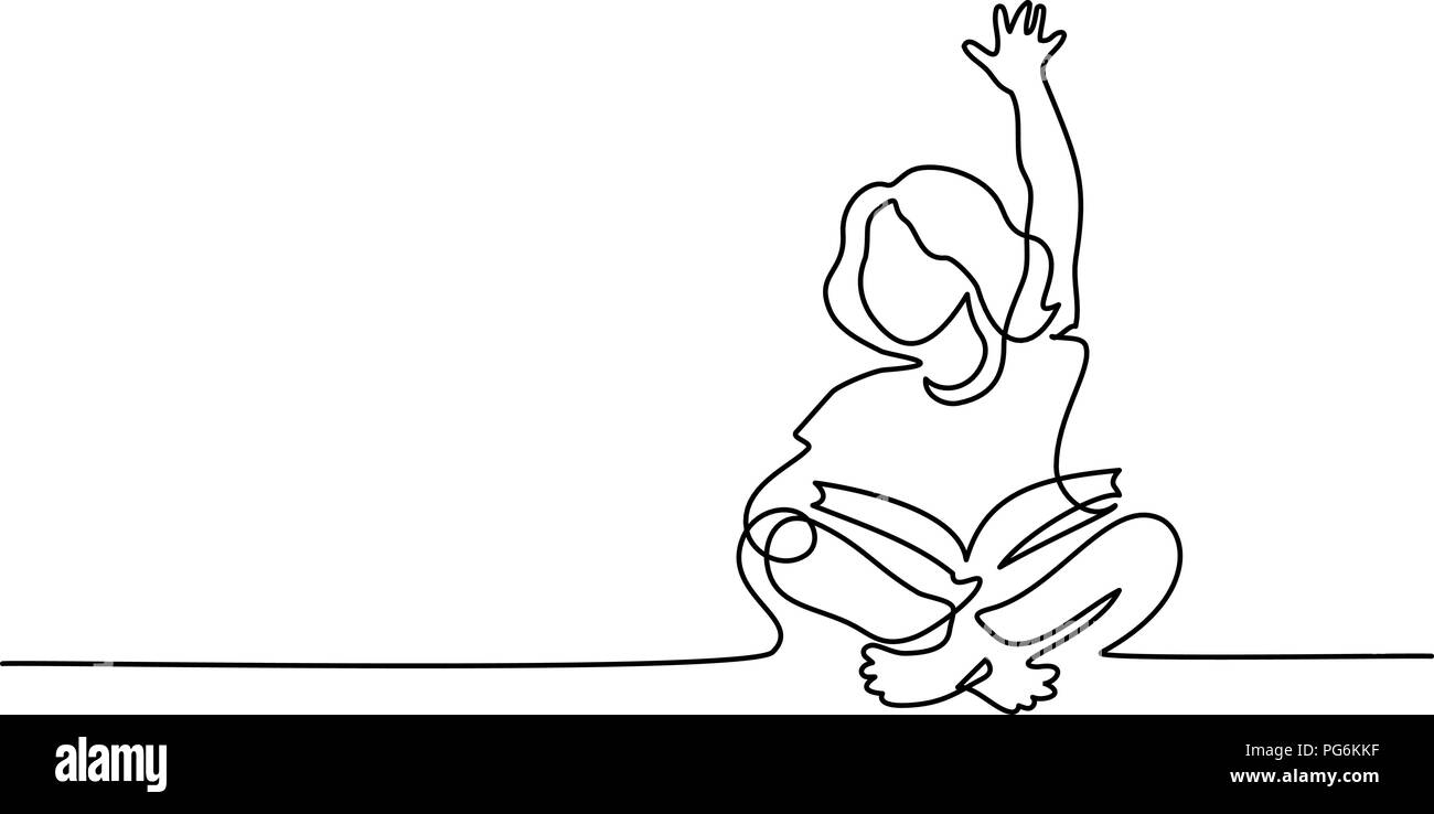 Continuous one line drawing. Happy girl reading open books sitting on floor. Vector illustration Stock Vector