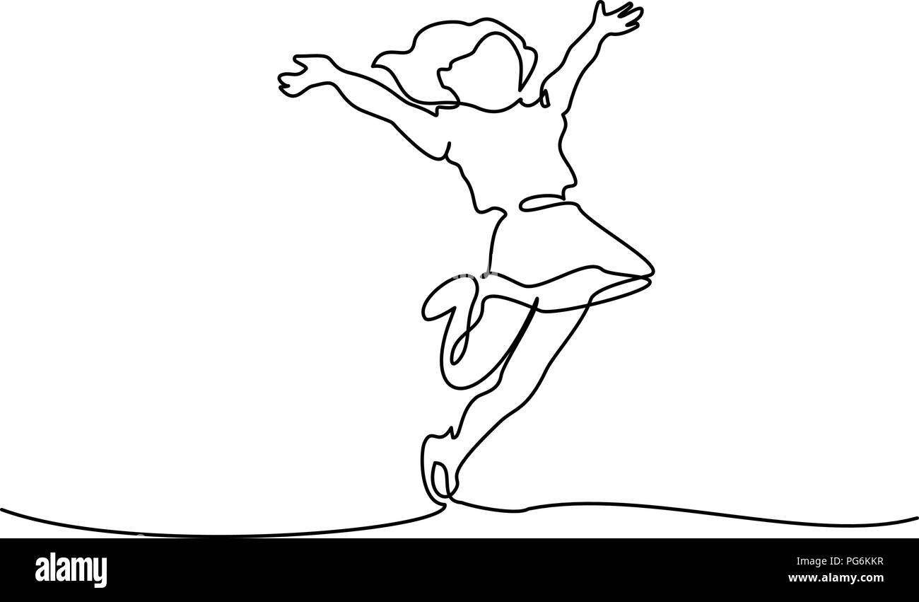 Continuous one line drawing. Happy girl running and jumping. Vector illustration. Concept for logo, card, banner, poster flyer Stock Vector