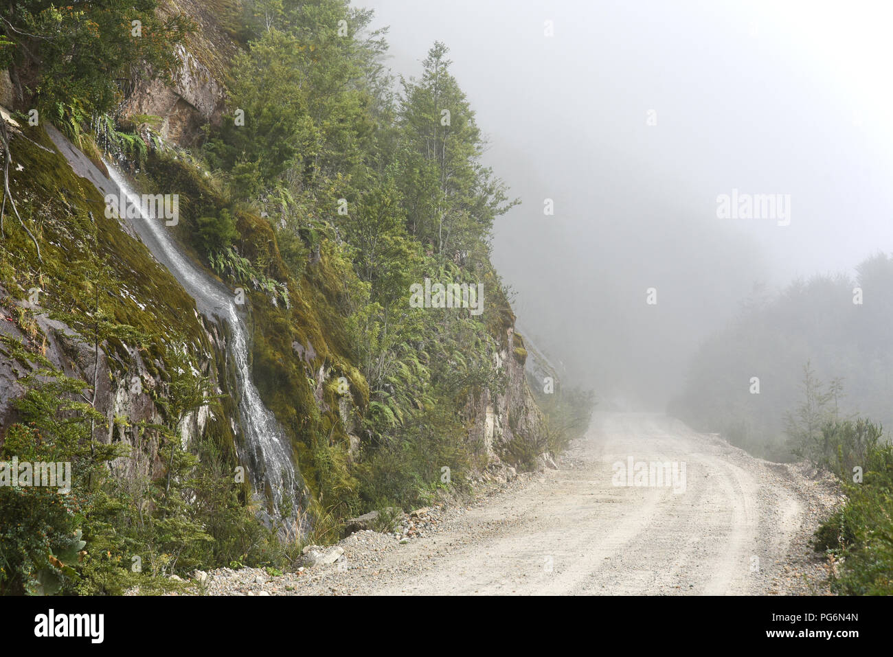 Gravel road in fog at Puerto Río Tranquilo, Carretera Austral, Valle Exploradores, Patagonia, Chile Stock Photo