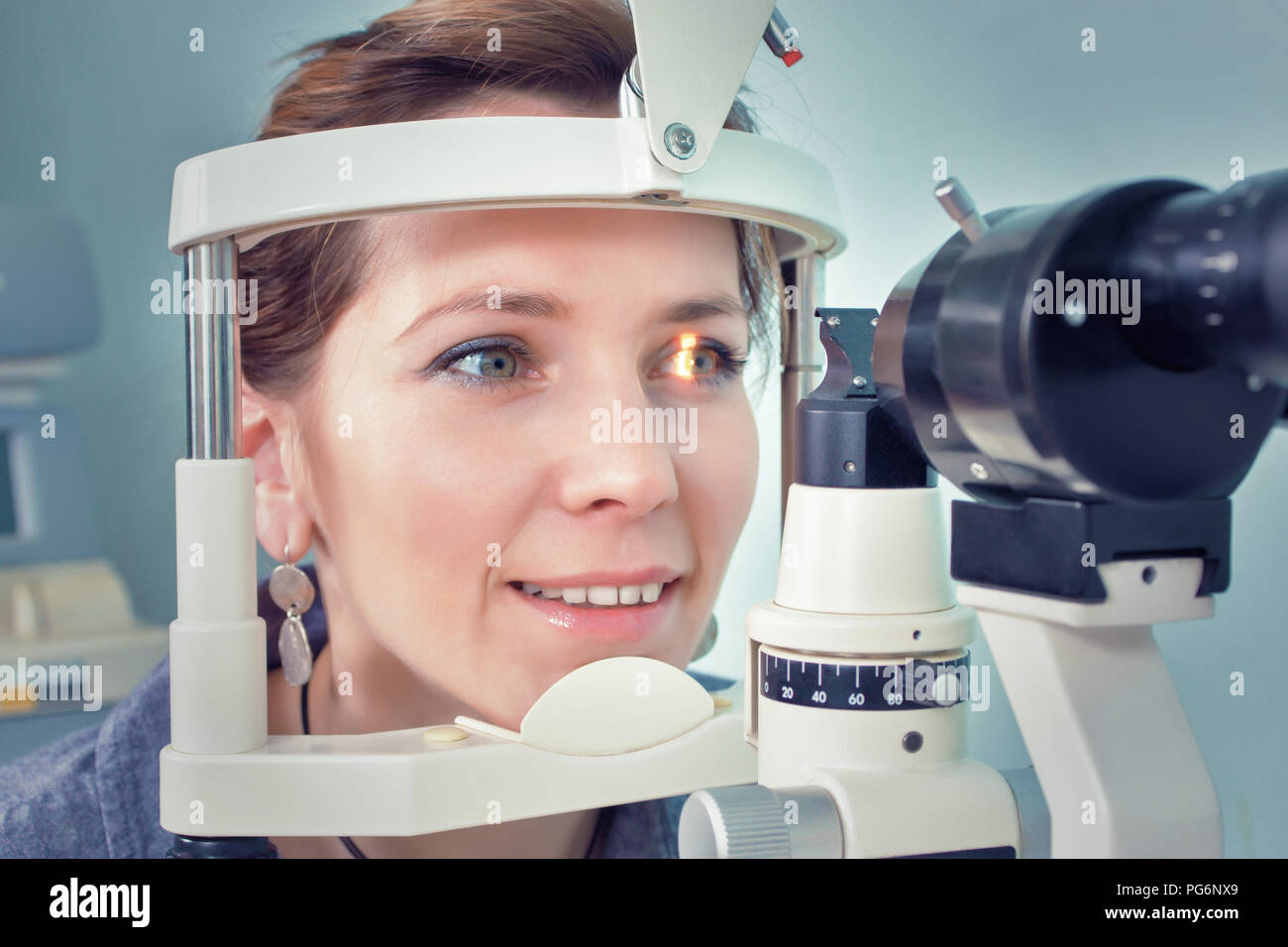 Checking eyesight in a clinic of the future Stock Photo