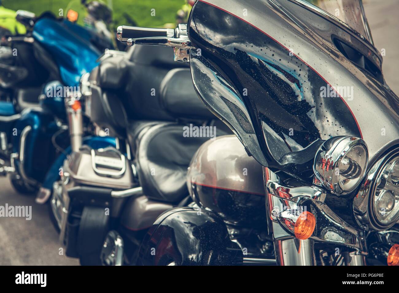 Motorcycle Road Trip. Few Bikes on the Parking. Vacation Getaway. Stock Photo