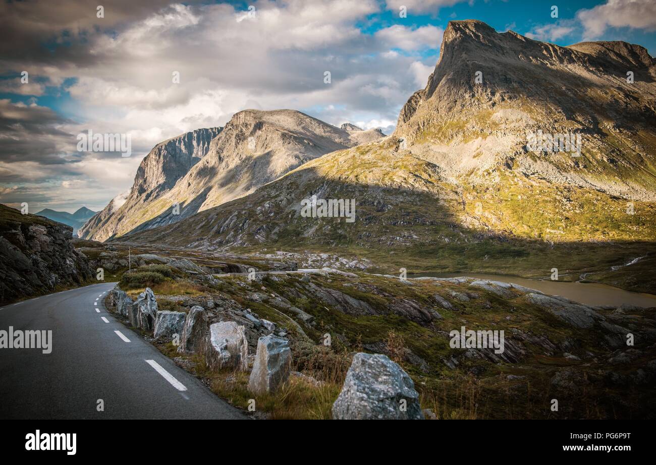 Norwegian Scenic Road to Trollstigen. Summer Raw Alpine Landscape in the Norway. Stock Photo