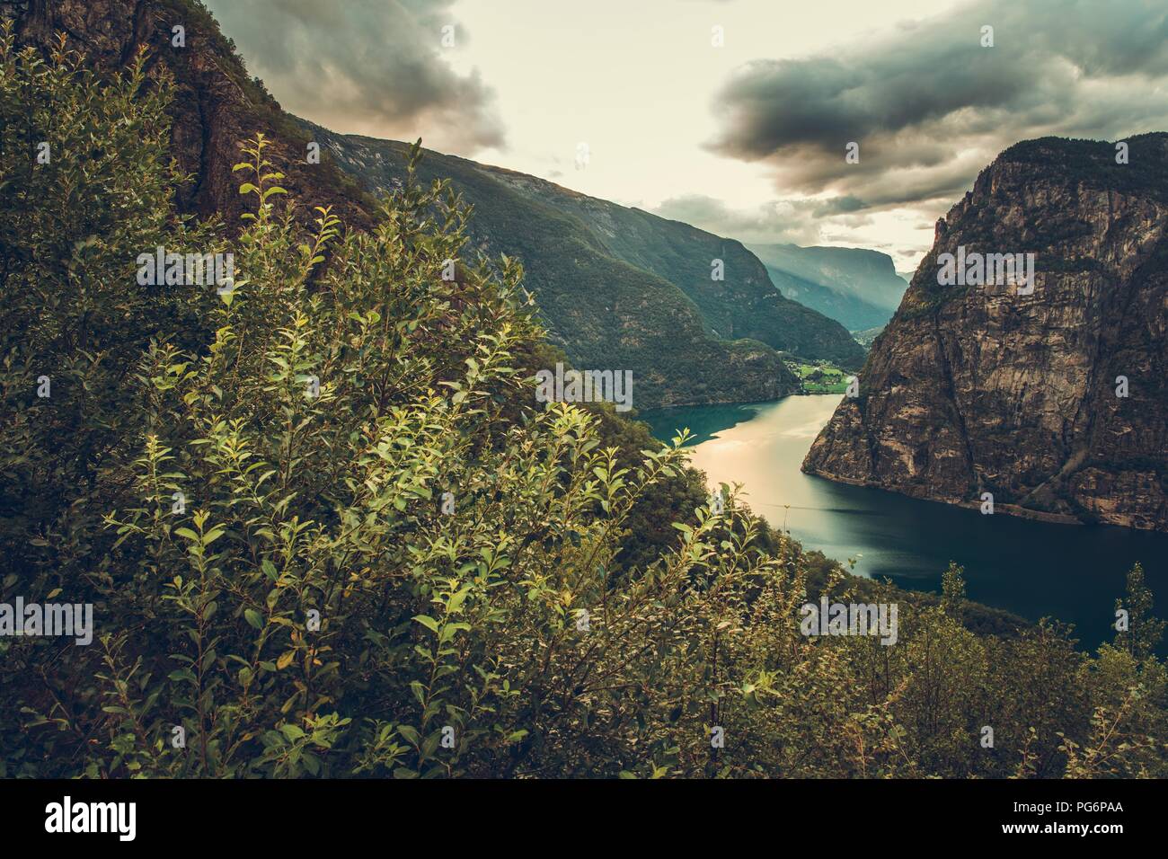 Norwegian Sunset Scenery. Scenic Landscape Near Flam, Norway. Stock Photo