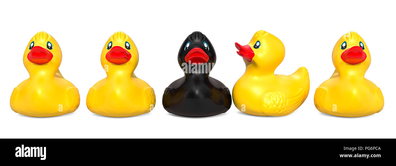 Black rubber duck among yellow rubber ducks. The ugly duckling concept, 3D rendering Stock Photo