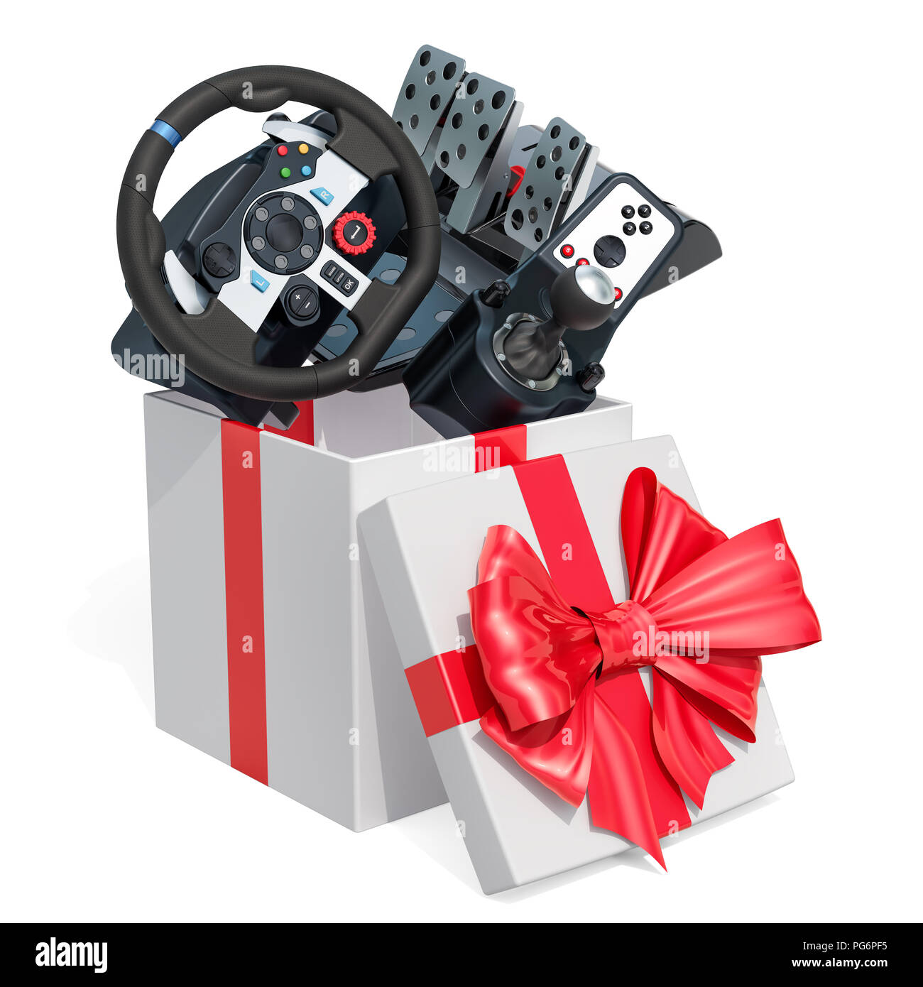 Gaming steering wheel with foot pedals inside gift box. 3D rendering isolated on white background Stock Photo