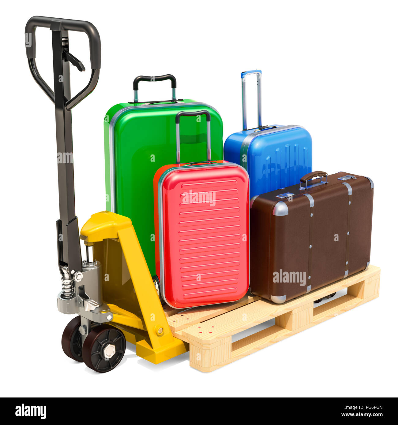 Pallet jack with baggage. Luggage Delivery Service concept. 3D