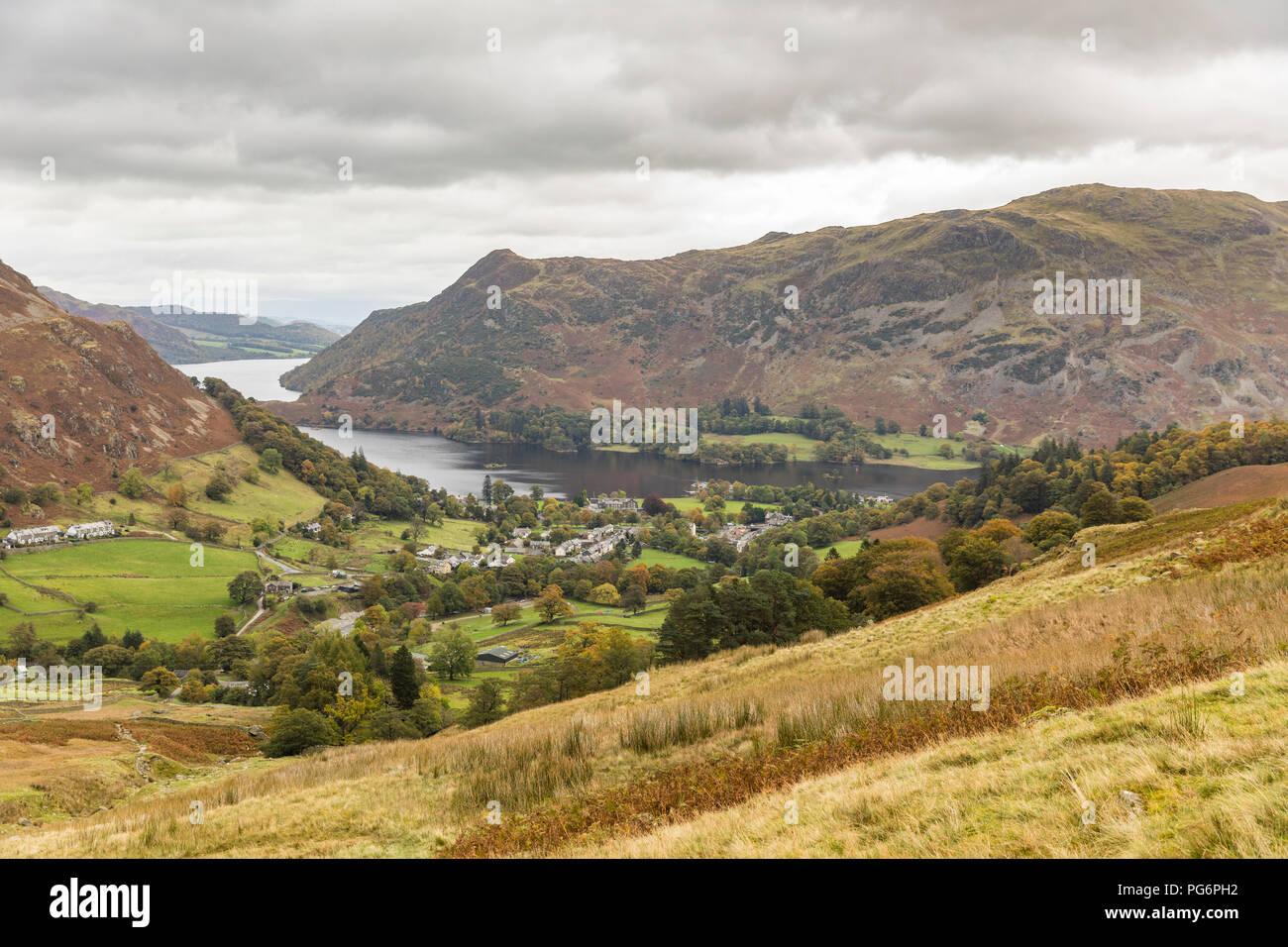 United Kingdom, England, Cumbria, Lake District, panoramic view of Glenridding and Ullswater lake Stock Photo