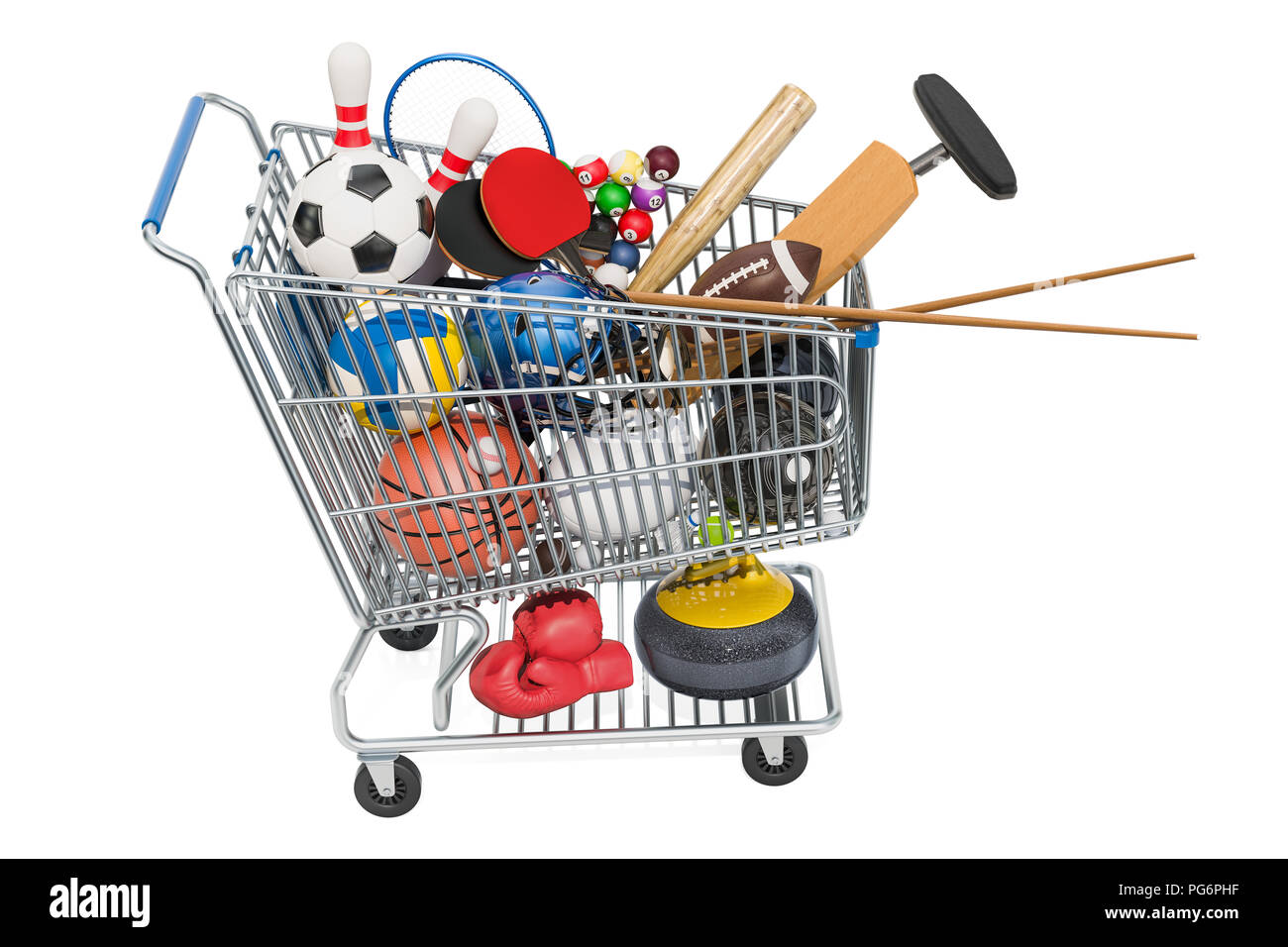 Sports game equipment in shopping cart. 3D rendering Stock Photo
