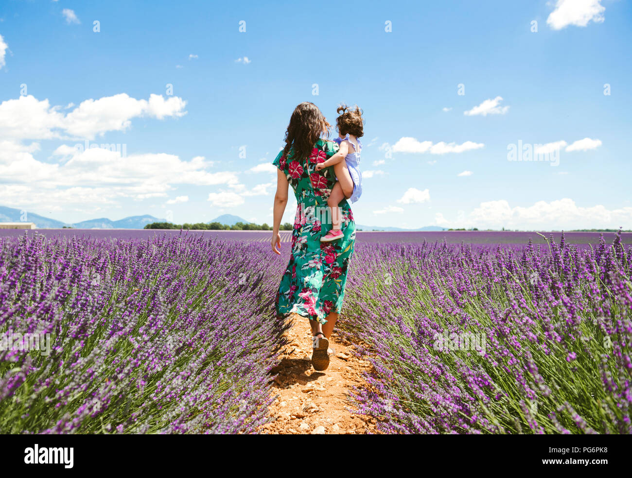 France, Provence, Valensole plateau, Mother and daughter walking among lavender fields in the summer Stock Photo