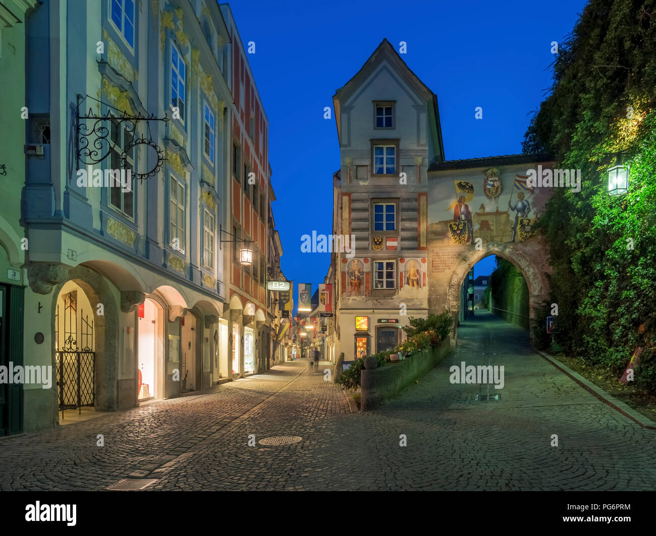 Austria, Upper Austria, Steyr, alleys in the town at blue hour Stock Photo