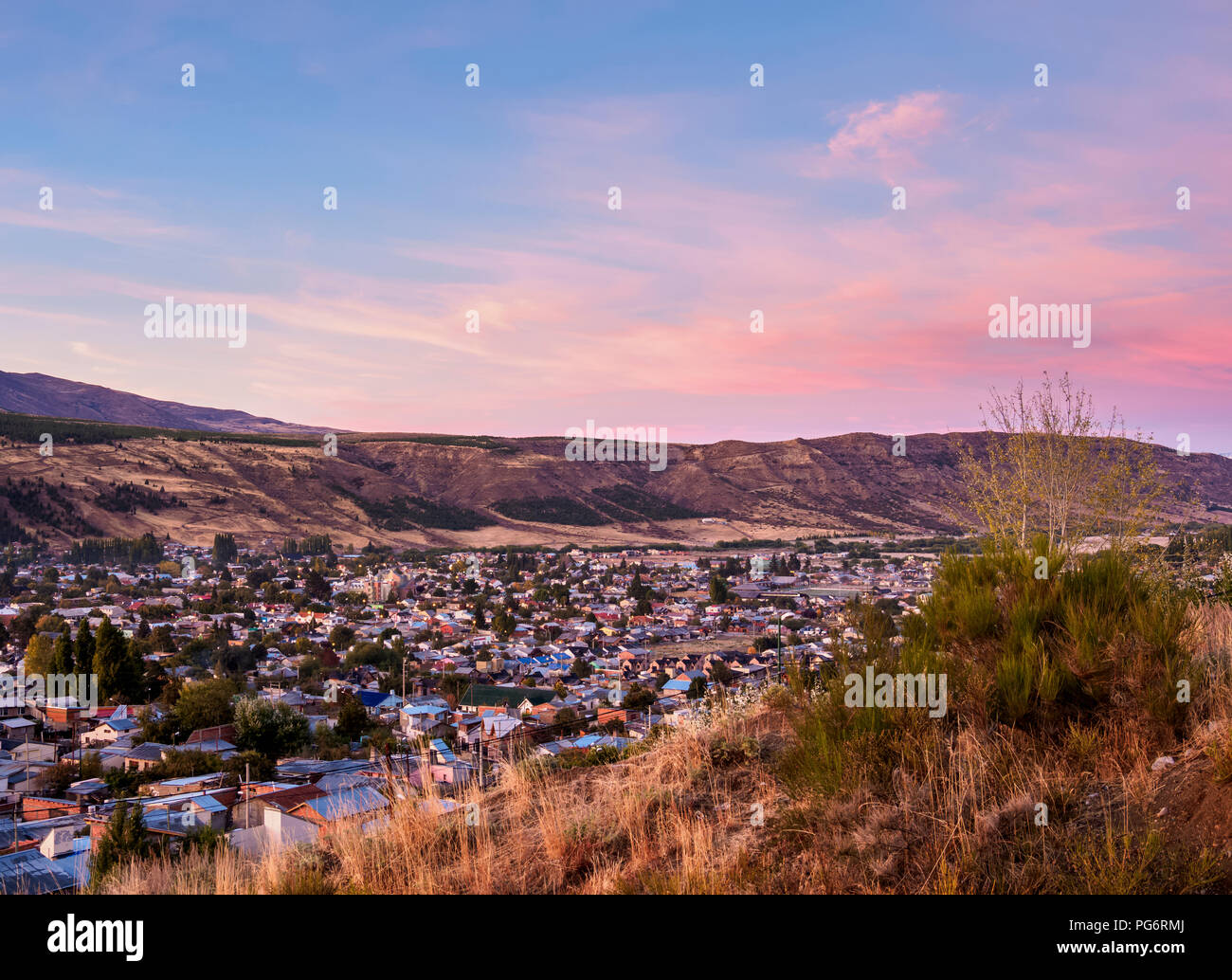 Esquel at sunrise, elevated view, Chubut Province, Patagonia, Argentina Stock Photo