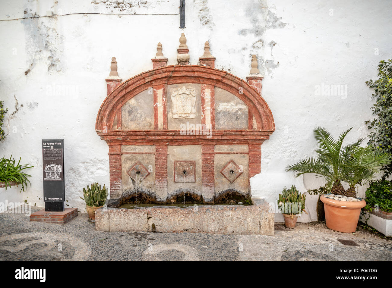 Fountains in street in Frigiliana, Andalucía, Spain, Europe Stock Photo