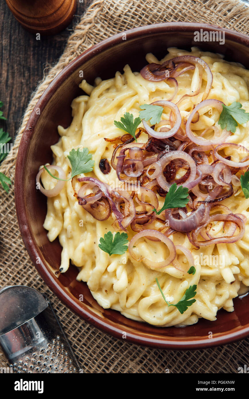 Traditional swabian "Käsespätzle", german dish, egg noodles with cheese