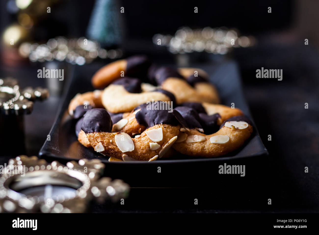 Almond crescents on platter Stock Photo