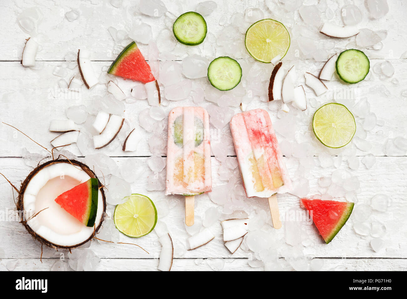Homemade Watermelon Coconut Ice Lollies With Lime And Cucumber Slices Fresh Coconut And Watermelon Pieces On Ice Cubes Stock Photo Alamy