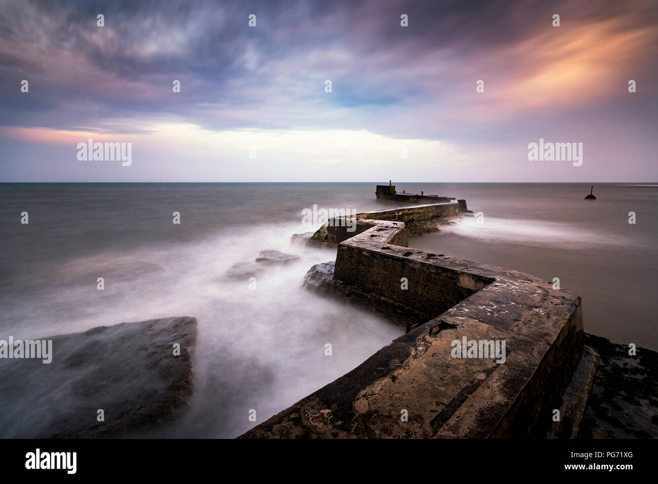 UK, Scotland, Fife, St Monans, breakwater, storm, long exposure Stock Photo