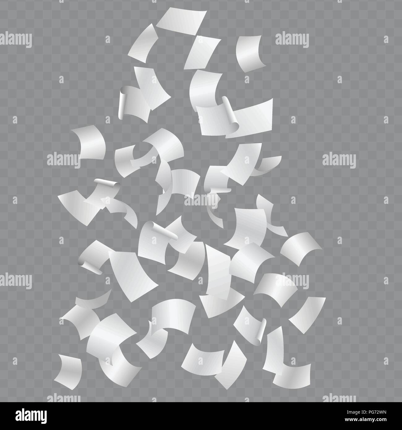 Set of falling or flying curved leaves of paper, isolated on a